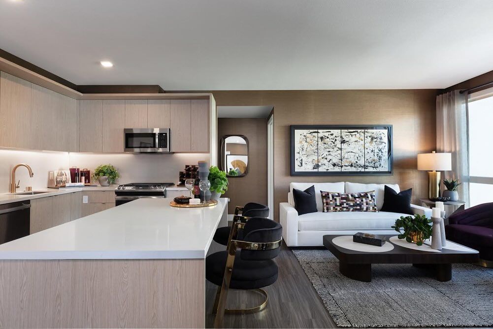 A living room with a couch , table , chairs and a kitchen.