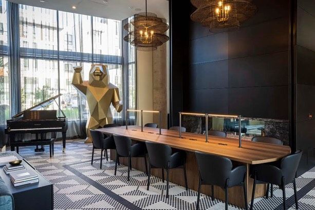 There is a statue of a bear in the middle of the room.