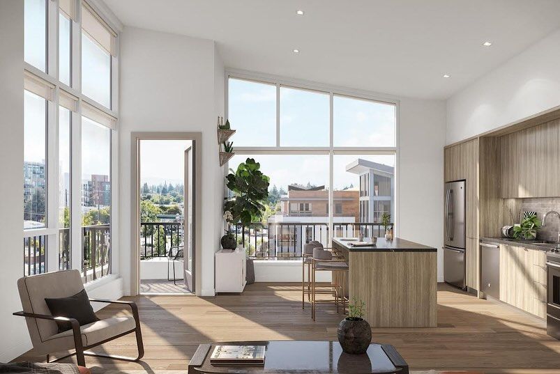 An artist 's impression of a living room and kitchen in a house.