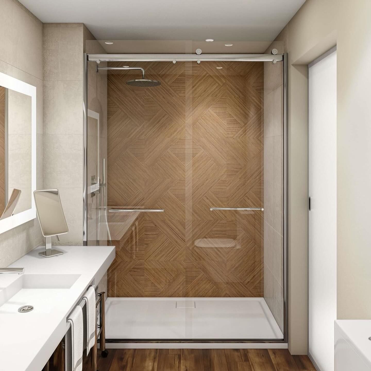 A bathroom with a walk in shower and two sinks