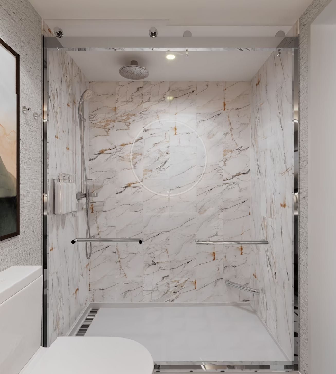 A bathroom with marble walls and a walk in shower