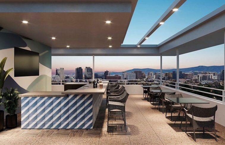 An artist 's impression of a rooftop bar with tables and chairs