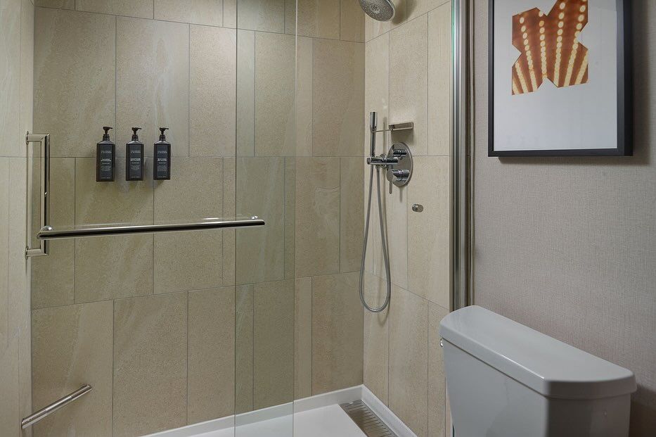 A bathroom with a toilet , shower , and picture on the wall.