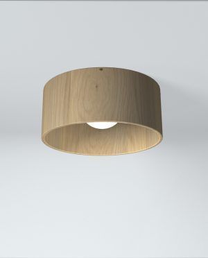 A wooden ceiling light with a light inside of it.