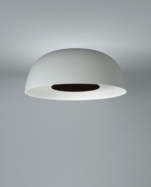 A white ceiling light with a black shade is hanging from the ceiling.