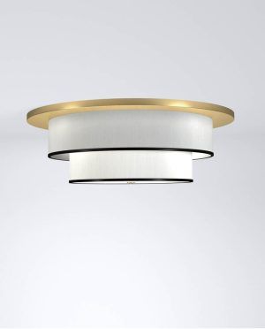 A ceiling light with three white shades and a brass frame.