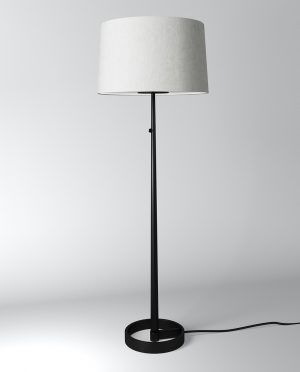 A black floor lamp with a white shade
