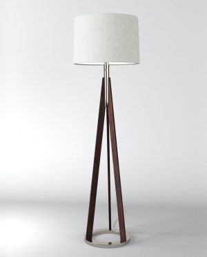 A wooden floor lamp with a white shade on a white background.