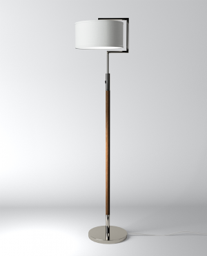 A floor lamp with a white shade and a wooden base