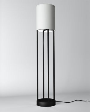 A black and white lamp with a white shade