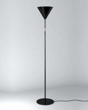 A black floor lamp is sitting on a white surface.