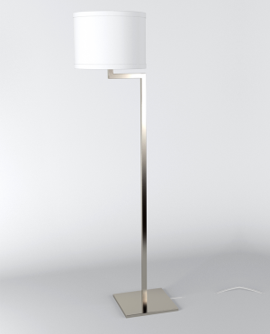 A floor lamp with a white shade is sitting on a white surface.