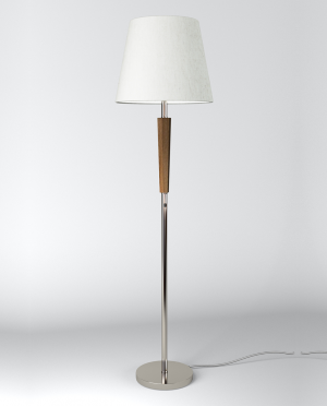 A lamp with a white shade and a wooden base