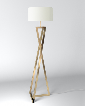 A gold floor lamp with a white shade