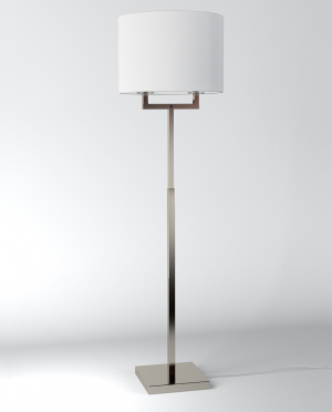 A lamp with a white shade on a white background