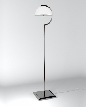 A floor lamp with a white dome shaped shade