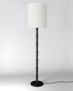 A lamp with a white shade and a black base