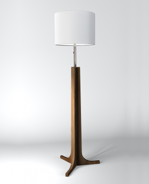 A wooden floor lamp with a white shade