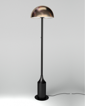 A black floor lamp with a copper shade