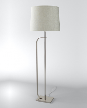 A lamp with a white shade on a white background