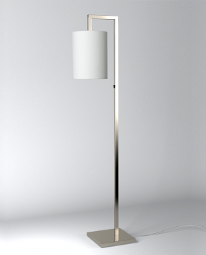 A floor lamp with a white shade on a white background