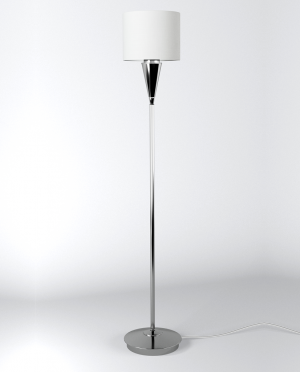 A floor lamp with a white shade on a white background