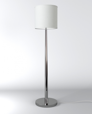 A lamp with a white shade and a chrome base