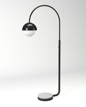 A black floor lamp with a white globe on a white background.