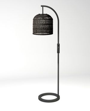 A black floor lamp with a wicker shade on a white background.