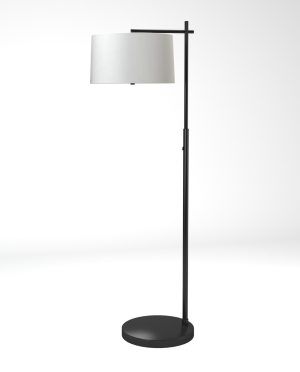 A black floor lamp with a white shade on a white background.