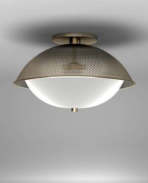 A ceiling light with a mesh shade and a white glass shade.