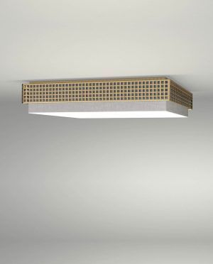 A square ceiling light with a wooden frame is hanging from the ceiling.