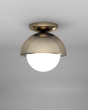 A ceiling light with a mesh shade and a white glass globe.