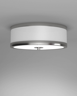 A ceiling light with a white shade is hanging from the ceiling.