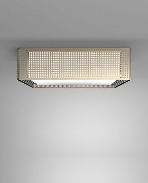 A ceiling light with a grid pattern is hanging from the ceiling.