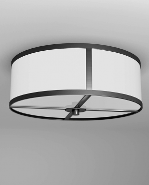 A ceiling light with a white shade and a black frame