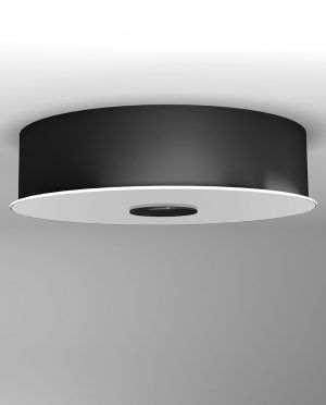A black ceiling light with a white shade is hanging from the ceiling.