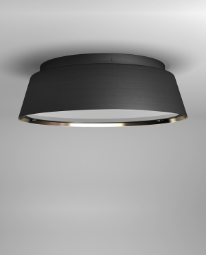 A black ceiling light with a white shade is hanging from the ceiling.