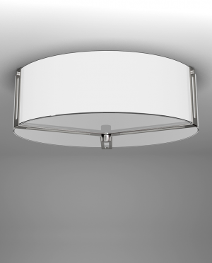 A ceiling light with a white shade is hanging from the ceiling.