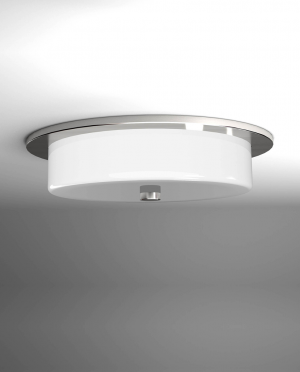 A ceiling light with a white shade is hanging from the ceiling.