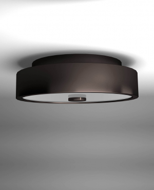 A black ceiling light with a white light inside of it.
