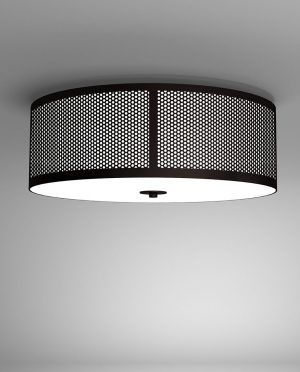 A black ceiling light with a white shade is hanging from the ceiling.