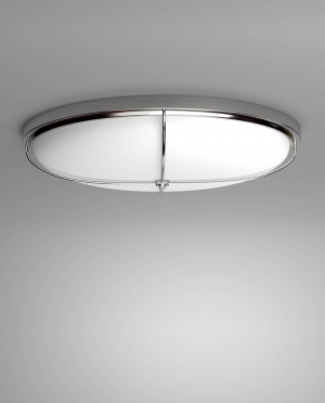 A round ceiling light with a chrome frame and a white glass shade