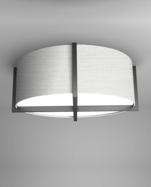 A ceiling light with a white shade is hanging from the ceiling.