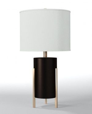 A black table lamp with a white shade on a white background.