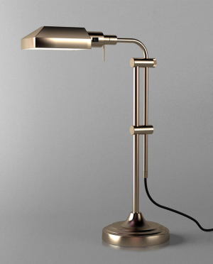 A brass desk lamp with a black cord attached to it