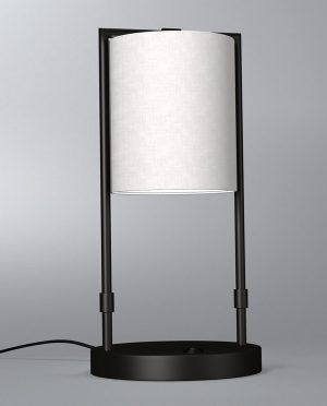 A black table lamp with a white shade