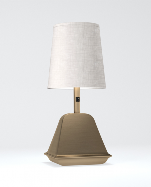 A table lamp with a white shade on a white background.