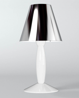 A white lamp with a silver shade on a white background