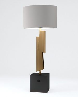 A table lamp with a gray shade and a black base on a white background.